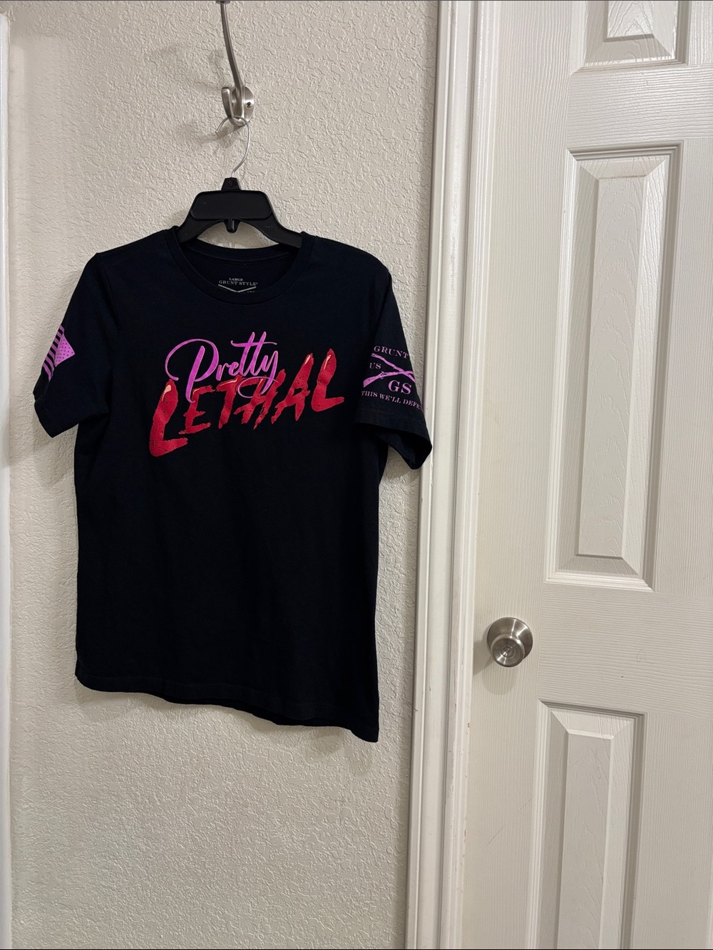 Women’s Grunt Style Black Short Sleeve Tee with Pink and Red "Pretty Lethal"